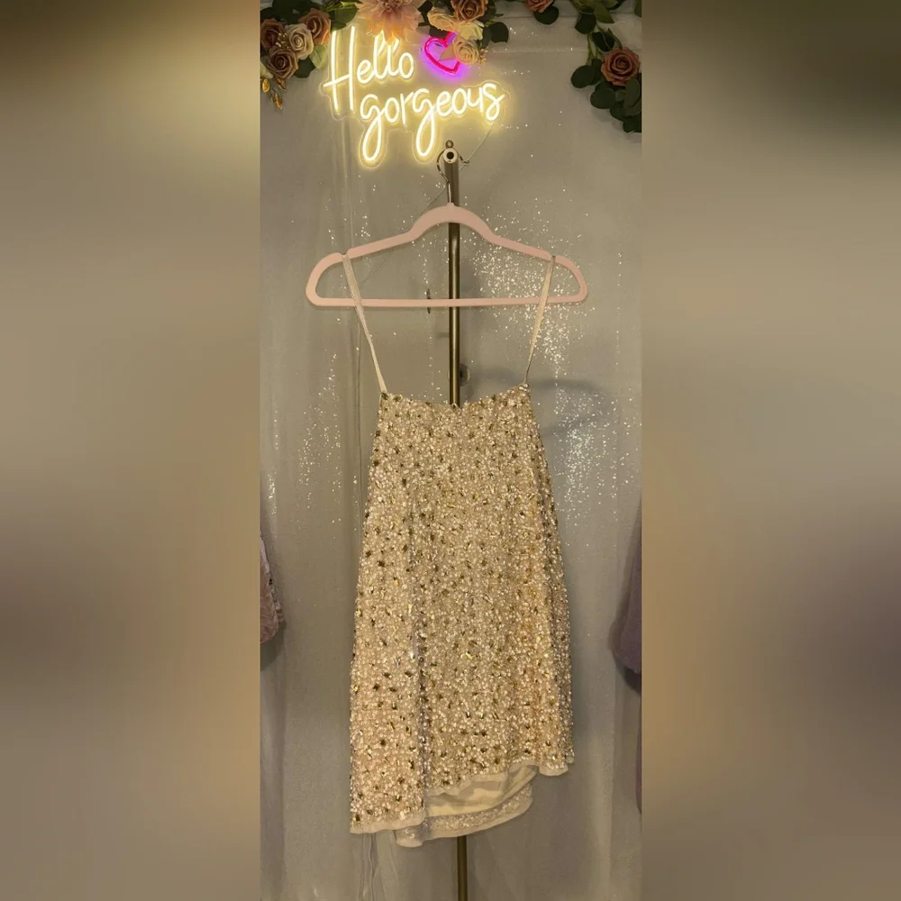 NWT Size 10 Mac Duggal Gold Nude Strapless Sequin Beaded Mini Dress - Picture 5 of 8